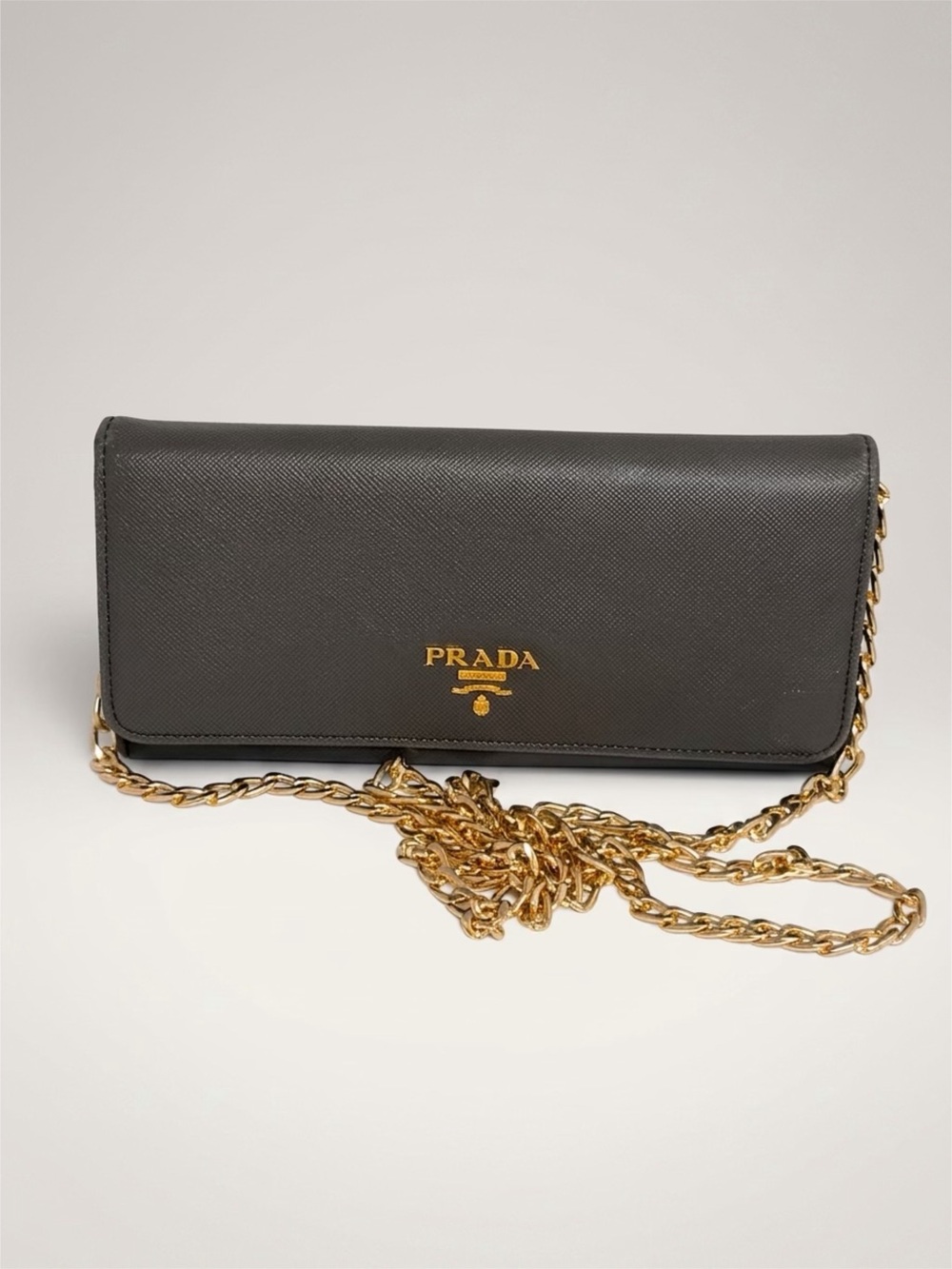 Prada Saffiano Leather Wallet on Chain Crossbody Black Gold